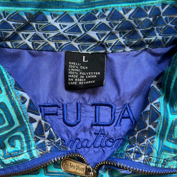 Vintage 80s 90s Silk Tribal Geometric Teal Green Blue Windbreaker Jacket African - Picture 3 of 8